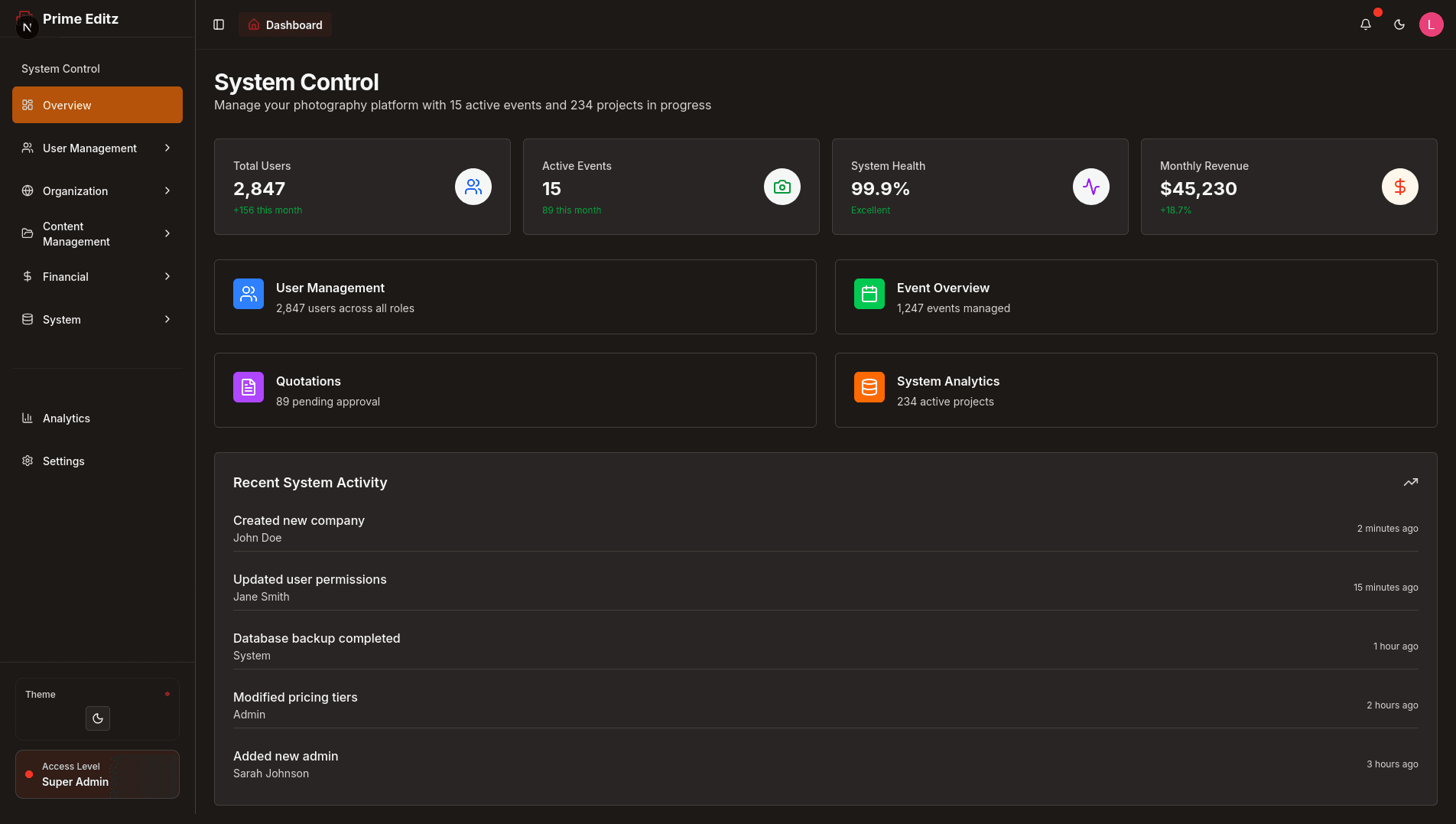 Dashboard preview - Prime Editz platform interface